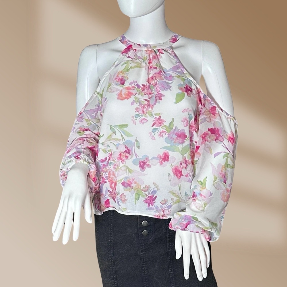 Floral Top Blouse Cold Shoulder Size X-Small Long Sleeve Retail $69 NWT! - Picture 2 of 6